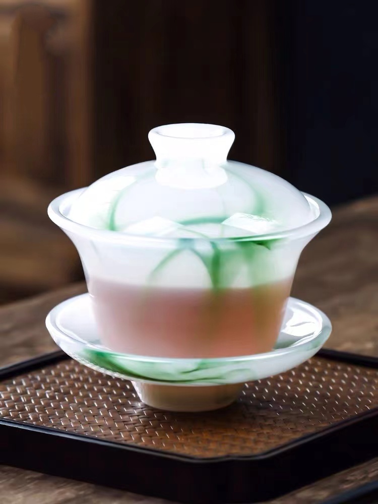 手工中式玉瓷盖碗茶杯中式家用单个琉璃茶具套装家用功夫三才茶碗