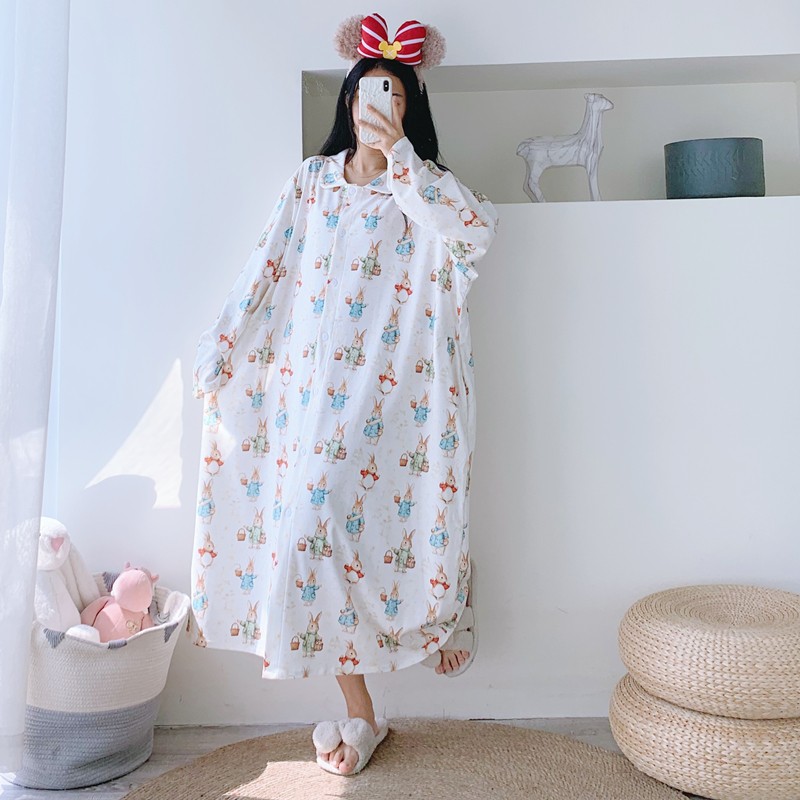 婴儿棉娃娃领长袖加长开衫睡裙春秋加大码宽松孕妇胖MM200斤睡衣
