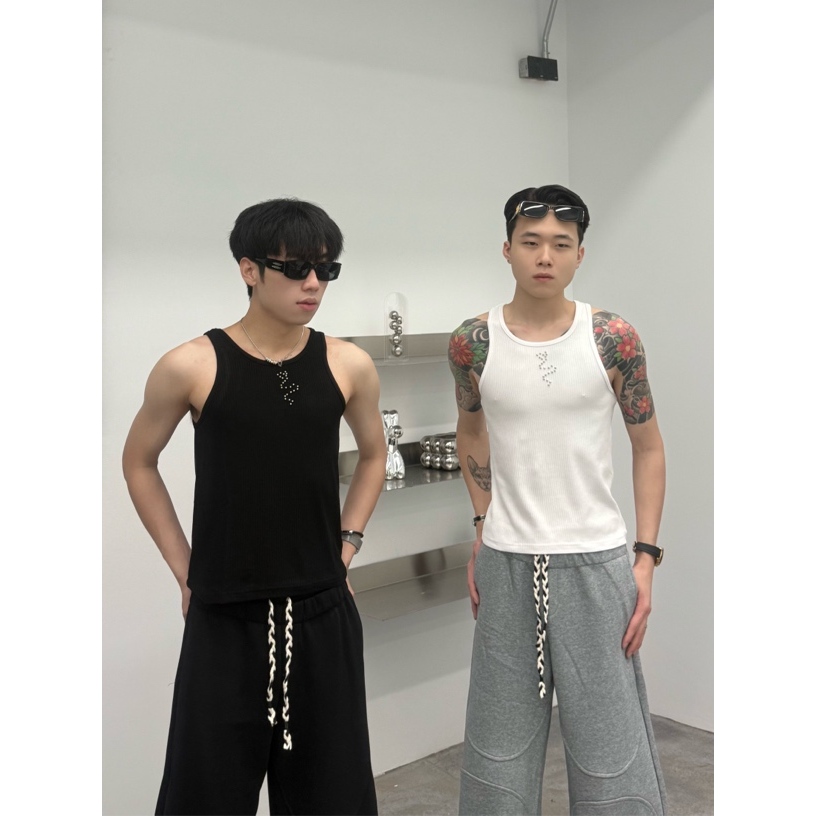朋克风男宽松型美式印花弹力背心夏季男士无袖修身T1196