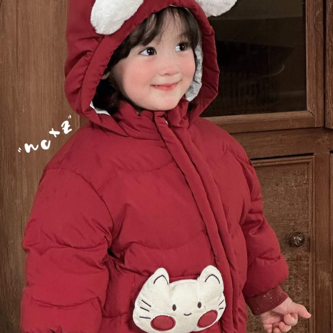 25秋冬新款  奶茶小猪正品红色小猫羽外套