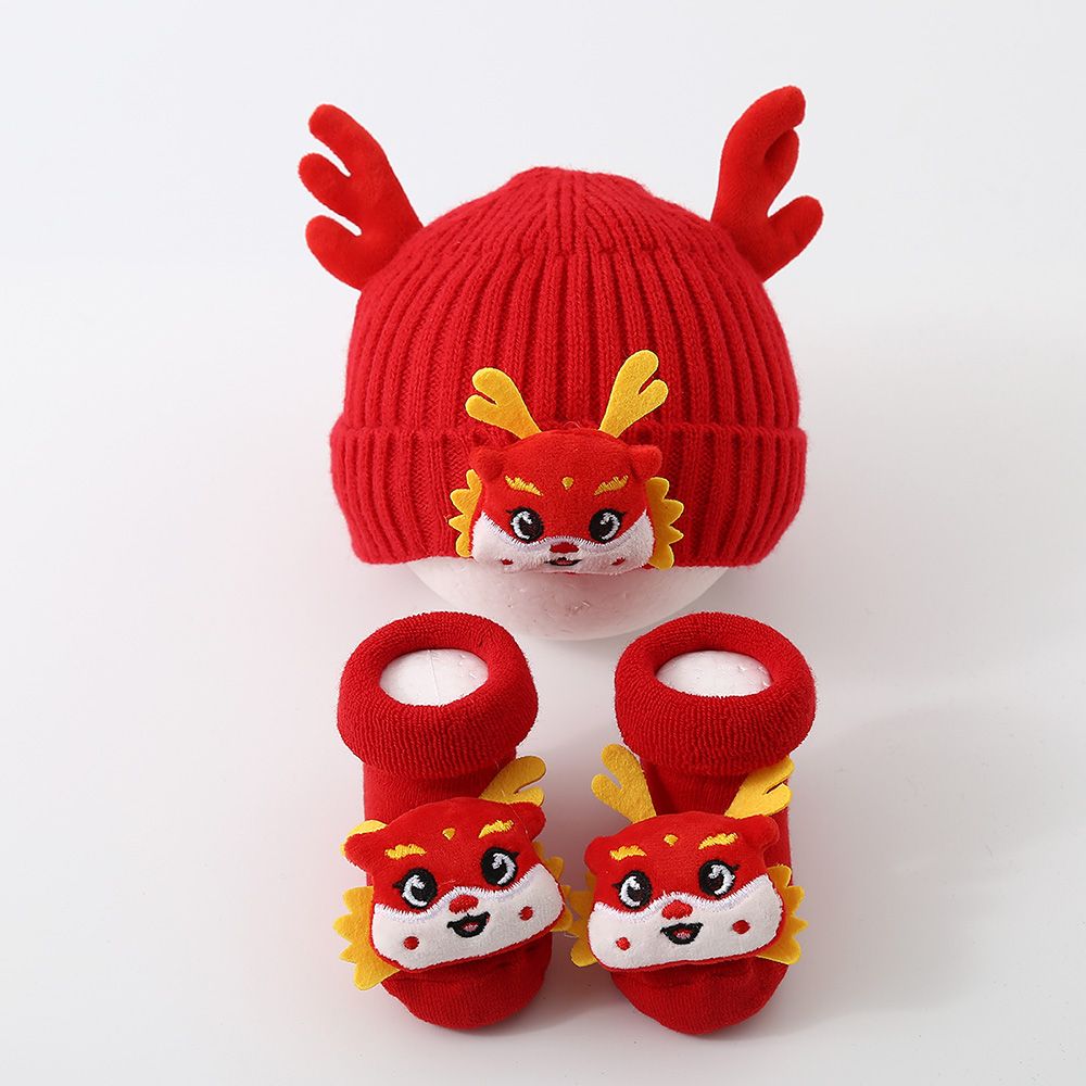 新年婴儿帽子秋冬新款儿童保暖醒狮针织毛线帽男女童红色宝宝喜庆