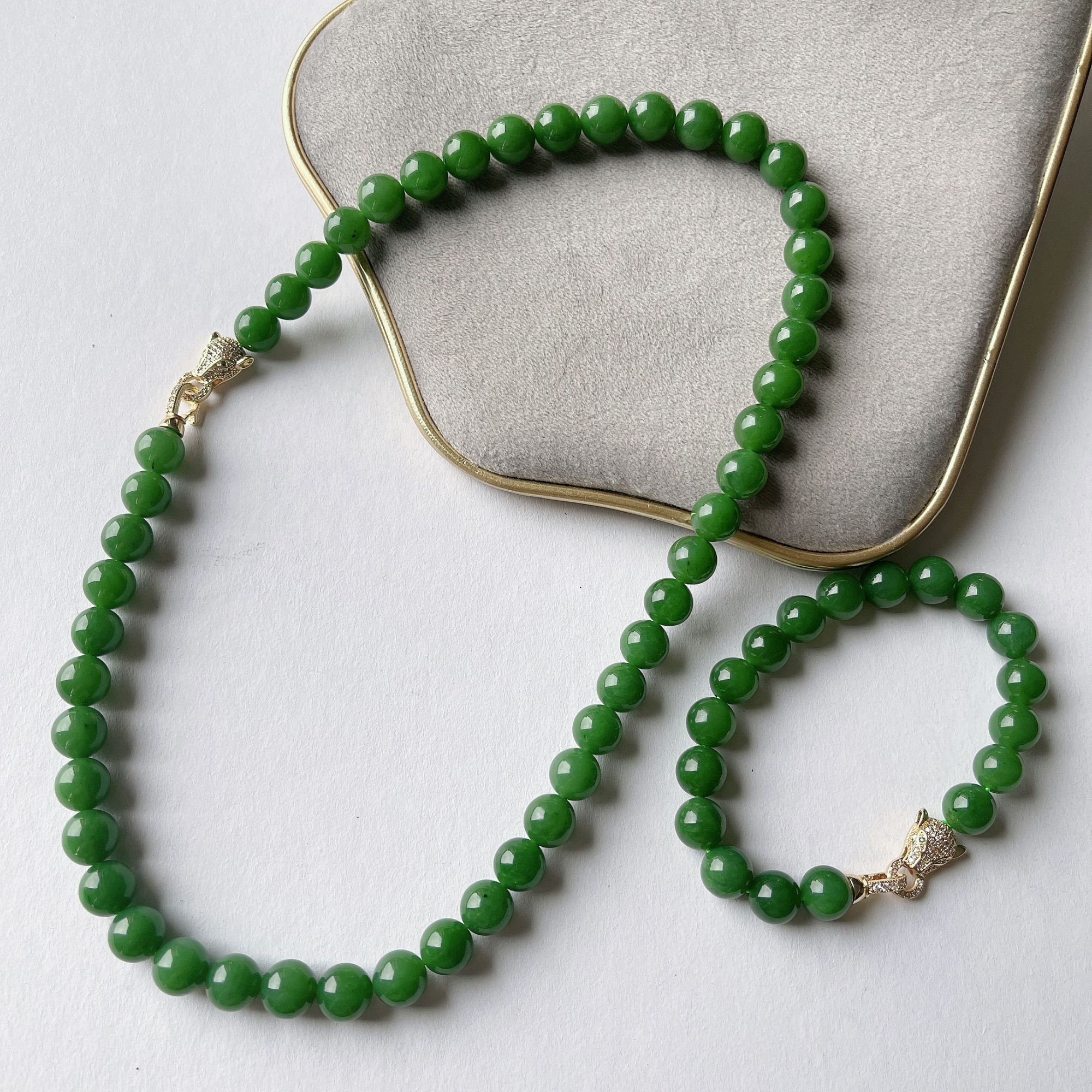 9-10mm和田玉碧玉豹美豹富套链（项链+手链）