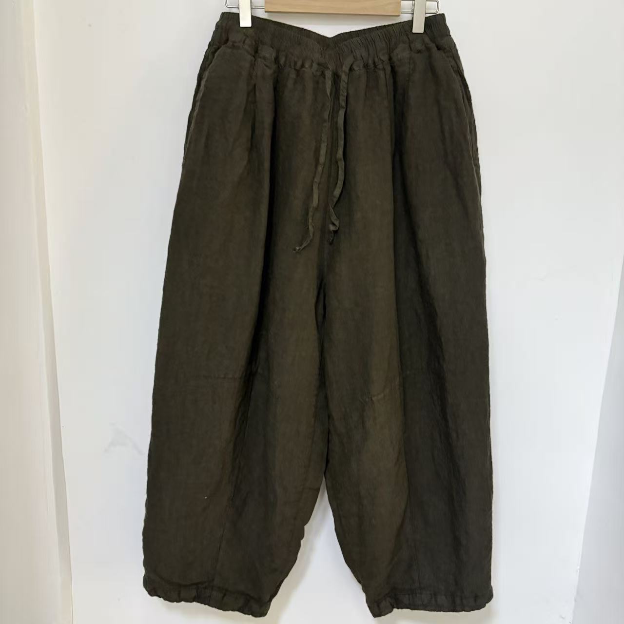 那年冬季砂洗亚麻长棉裤松紧腰九分复古休闲裤纯色宽松百搭老爹裤