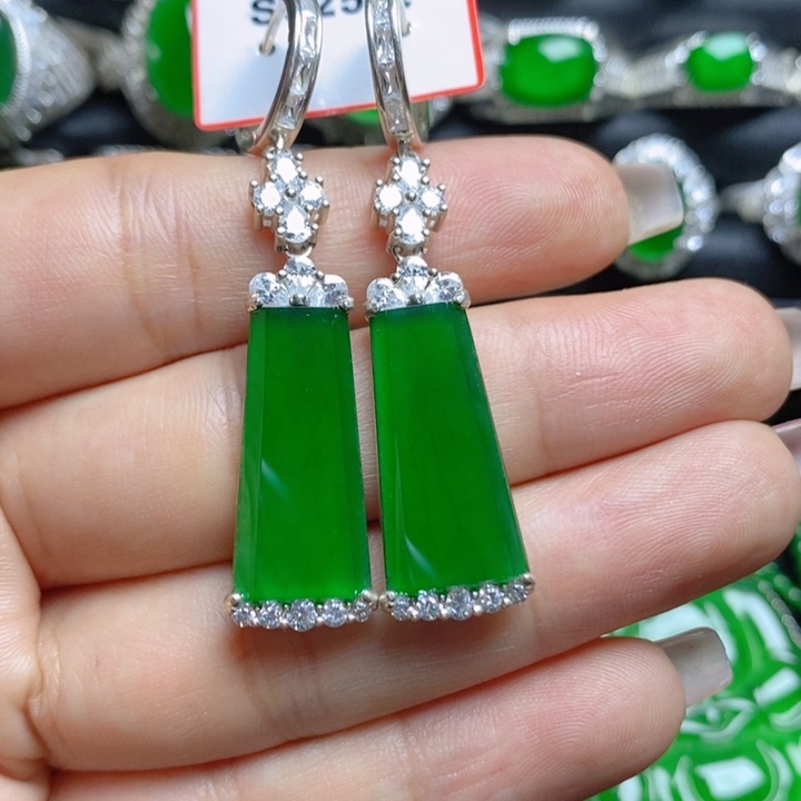 翡翠挂件银S925镶嵌无事牌耳坠