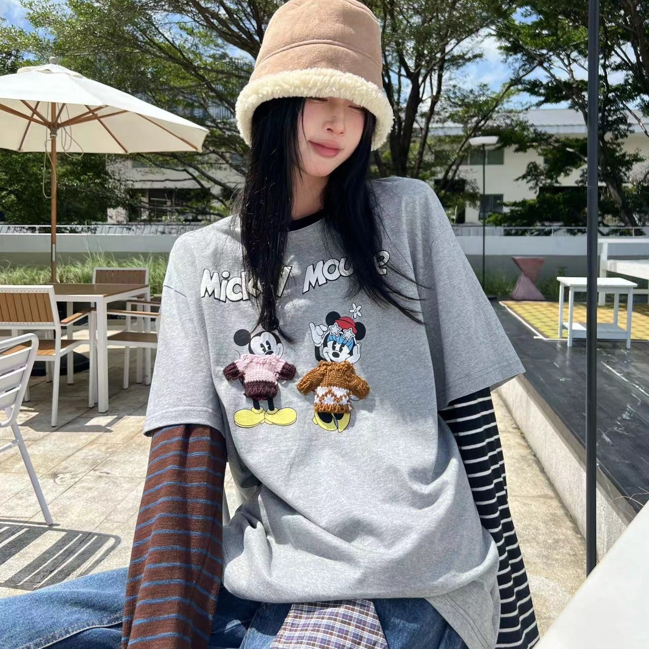 BLX--857（深圳出品）新款设计师款卡通米奇次序假两件拼接上衣