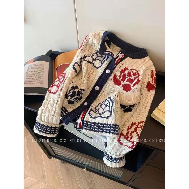 G玫瑰刺绣开衫两色织带拼接撞色针织衫66344