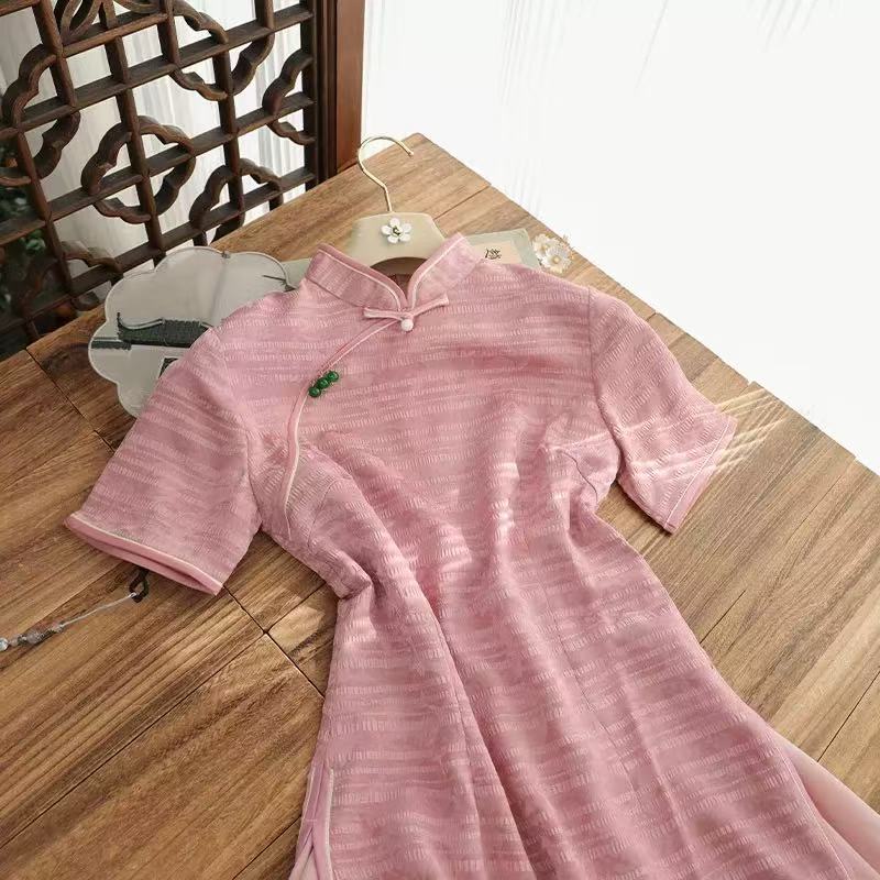 0667 藕粉色 条纹 【小兔子】 奥戴 旗袍