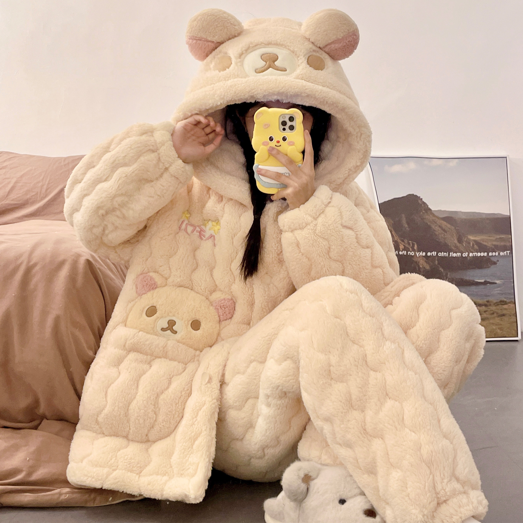 秋冬季新款三层夹棉轻松熊睡衣女加绒加厚甜美连帽家居服保暖套装