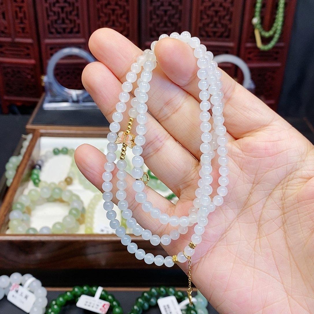 和田玉手串银S925镶嵌白玉4.5