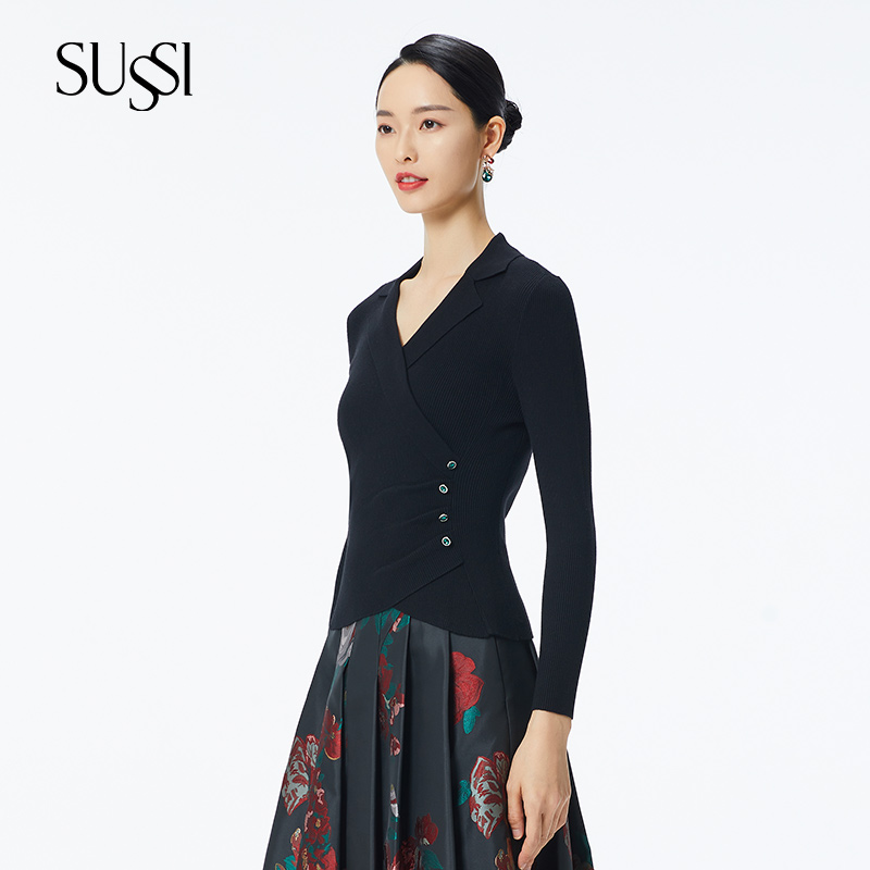 SUSSI/古色黑色通勤风百搭款显瘦针织毛衫气质