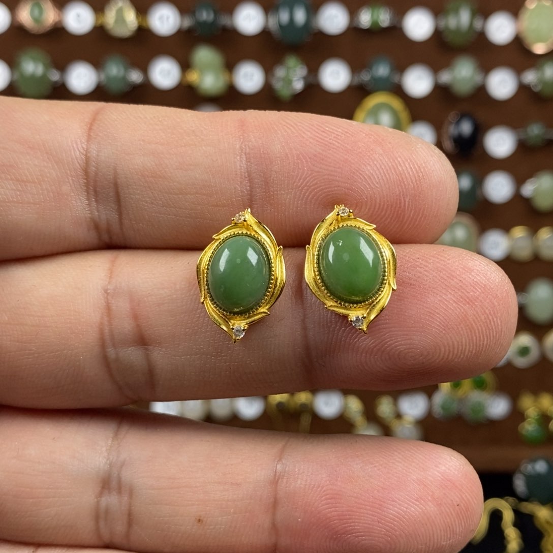 和田玉（碧玉）戒指银S925镀金镶嵌