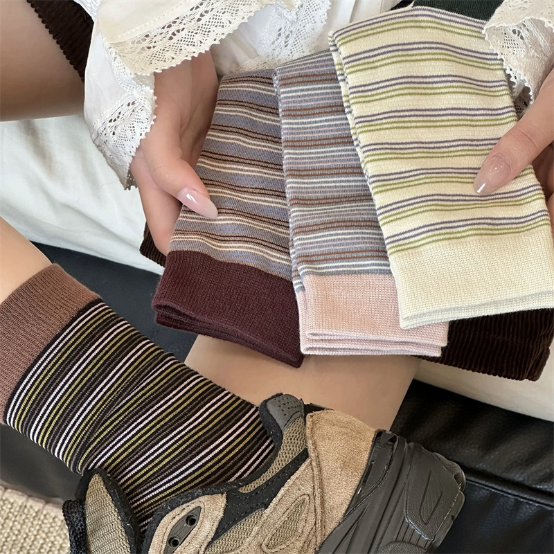 早秋款港风ins潮网红堆堆袜文艺复古韩系撞色条纹袜子女款纯棉袜