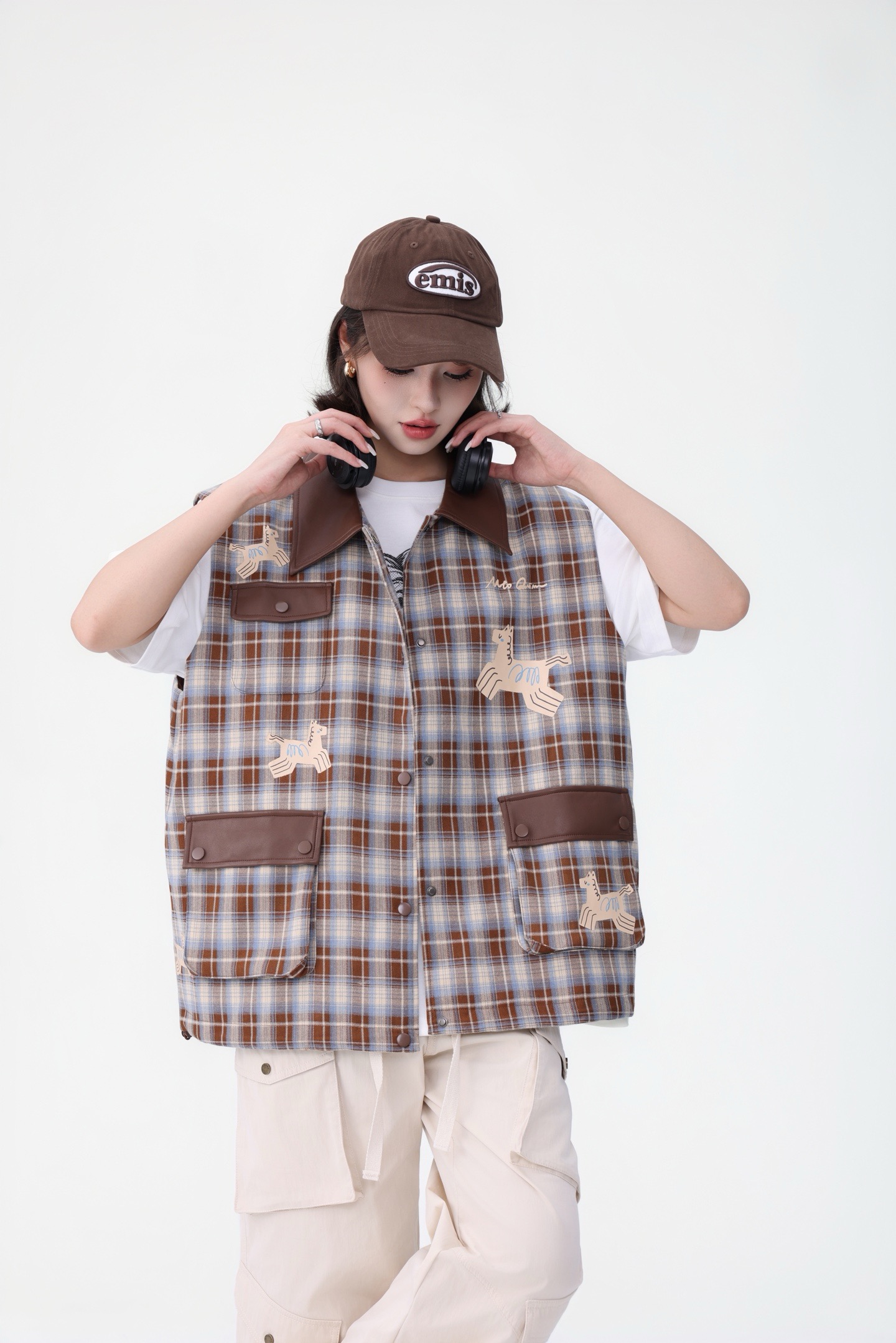 Mto Quinn秋季新款小众设计小木马印花格纹马甲拼接复古百搭宽松