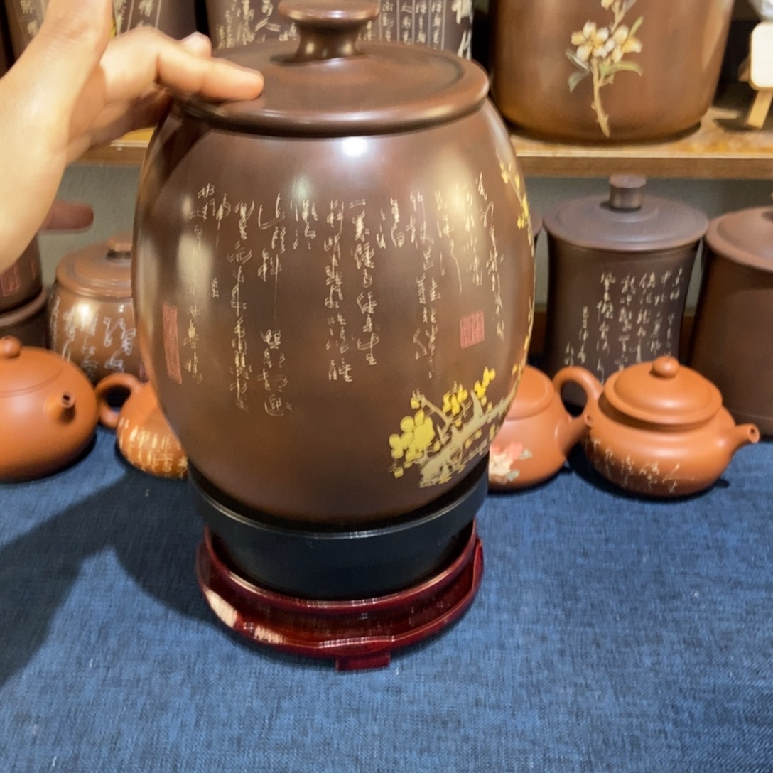 6建水紫陶手工精磨彩填醒茶罐