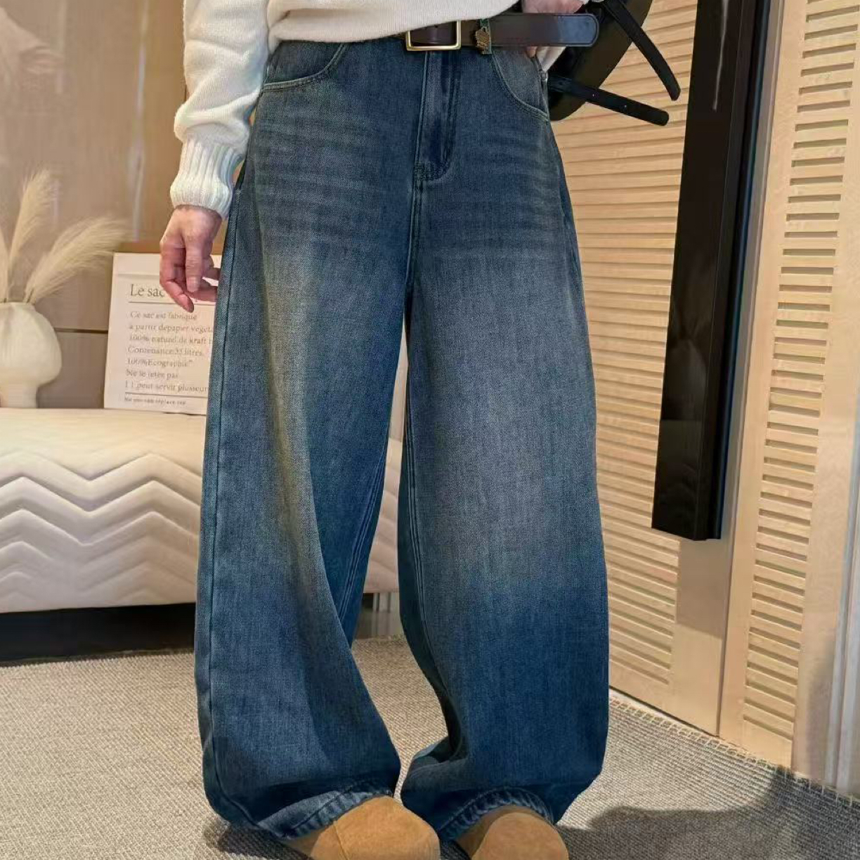 【维多利亚】高腰牛仔加厚复合绒阔腿裤