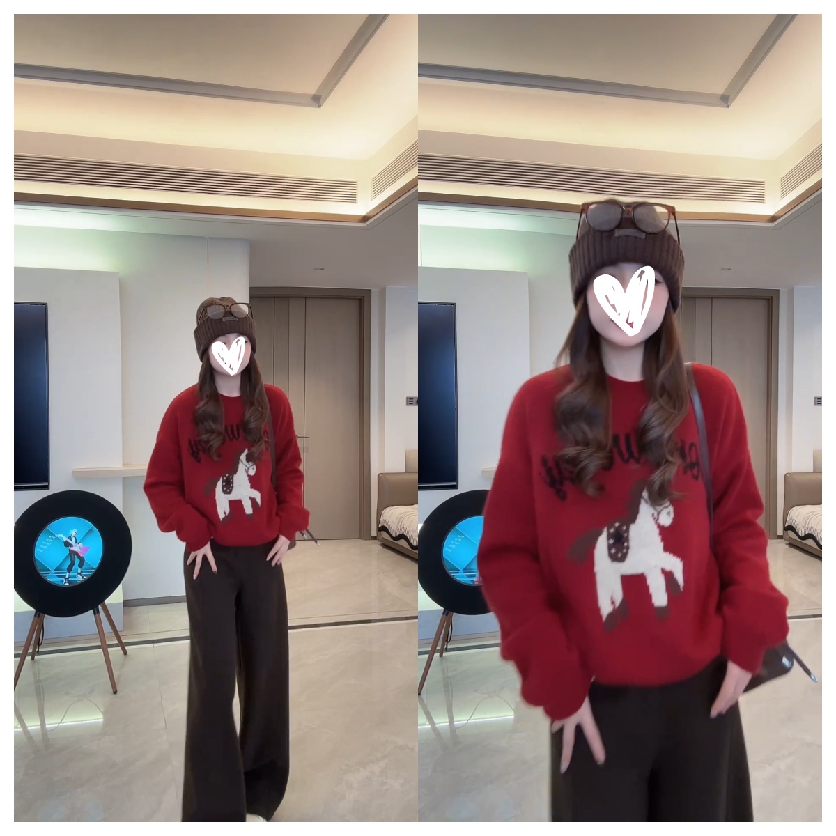 套头圆领宽松型慵懒风新年氛围感红色字母小马毛针织衫W1105