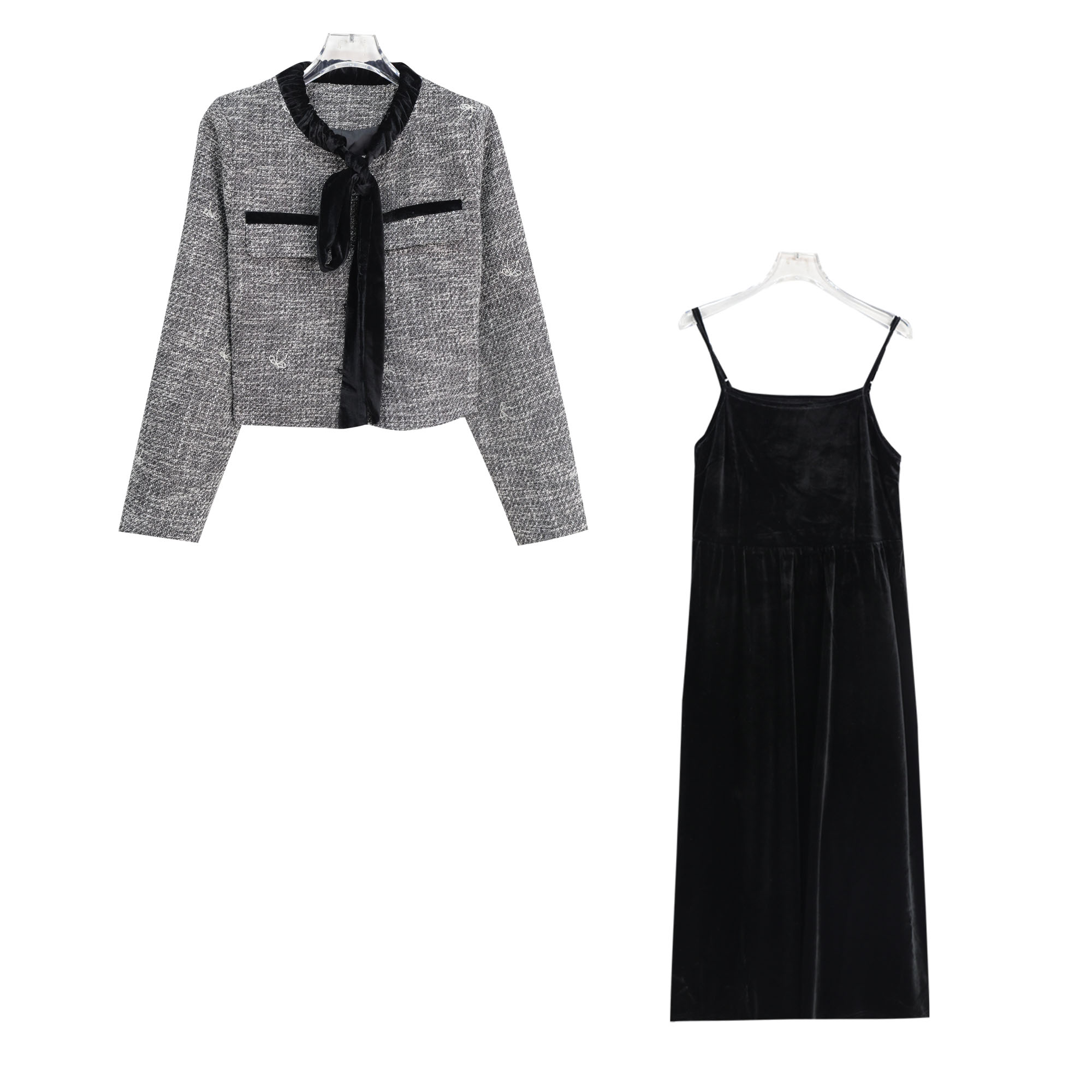 S法式小香风外套修身显瘦吊带裙千金风套装S4626