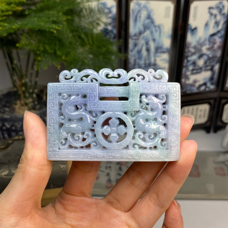 老种飘绿紫罗兰春带彩镂空复古龙凤玉横挂件 天然翡翠A货