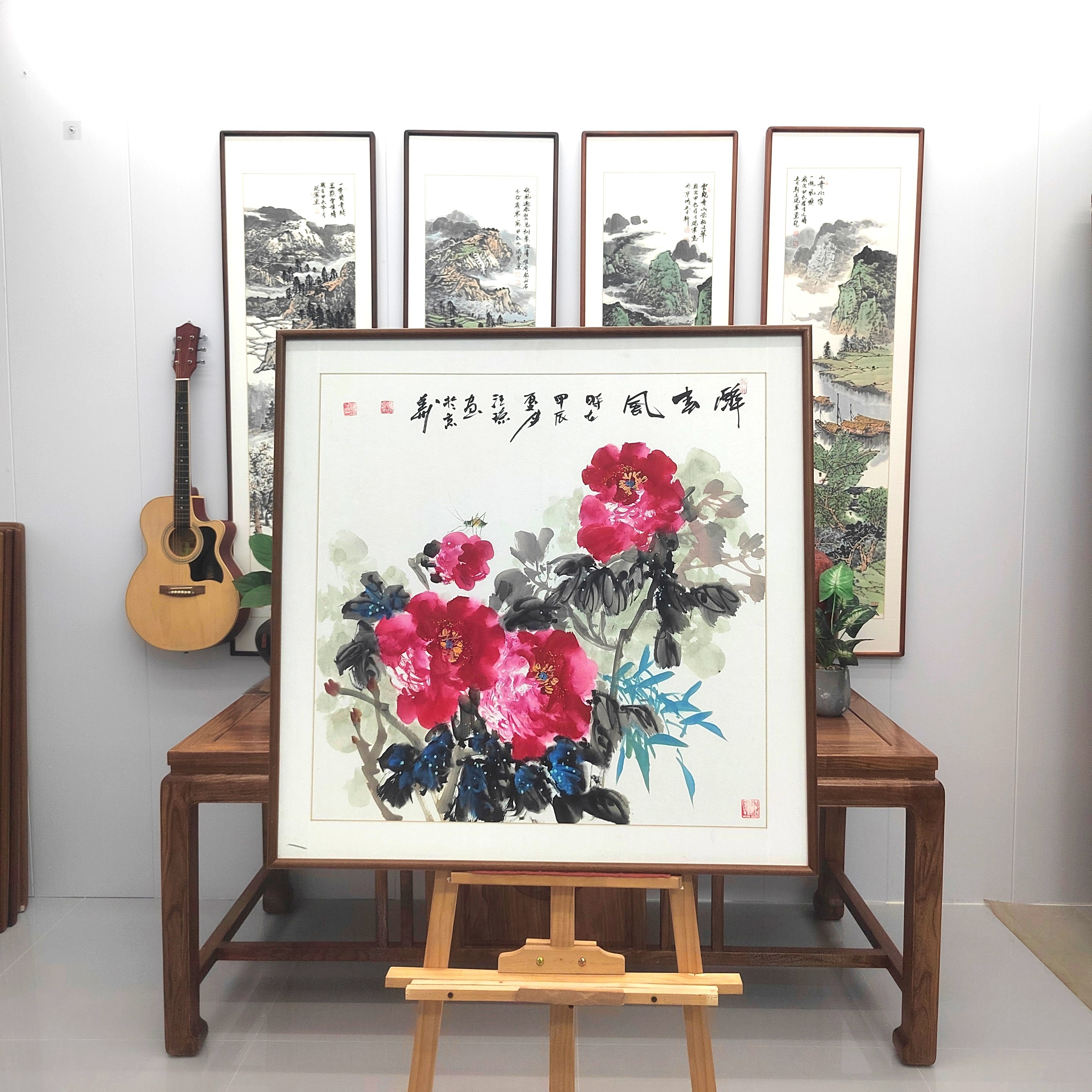 纯手绘带框国画牡丹《醉春风》80*80cm，玄关餐厅卧室书房茶室适用