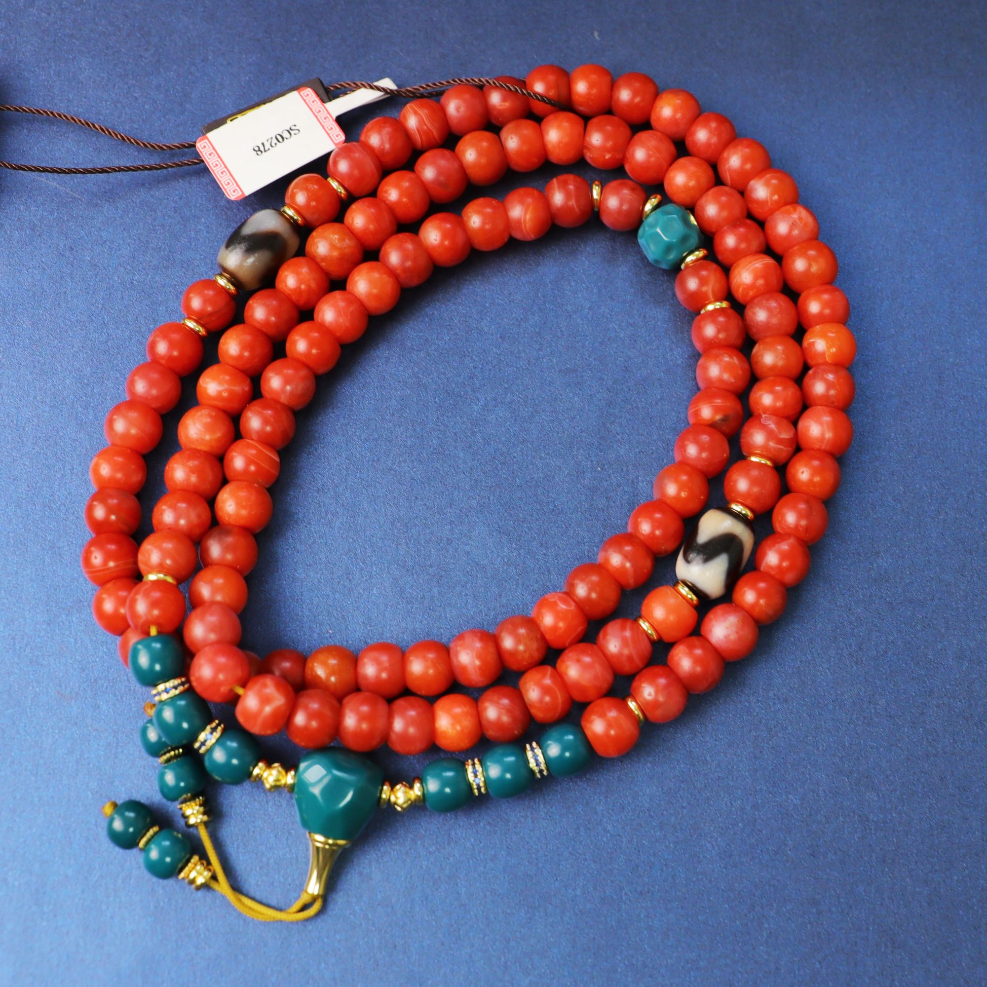 SC0278 老甘南 南红 大号念珠 绿玛三通 脖挂-HD