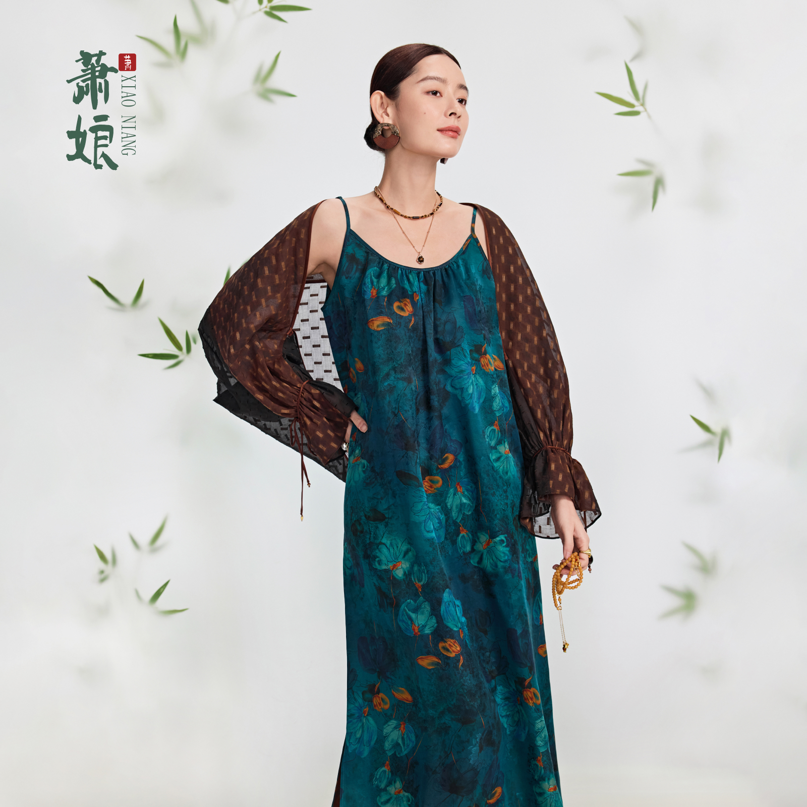 萧娘【悦澜】桑波缎红云纱连衣裙长吊带桑蚕丝连衣裙显瘦女裙1826