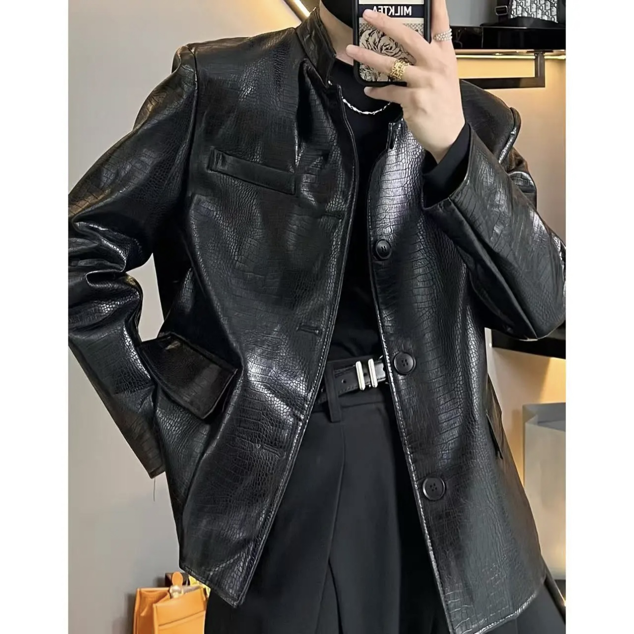 外套1022男士春季机车高品质新中式小立领鳄鱼纹路皮衣外套