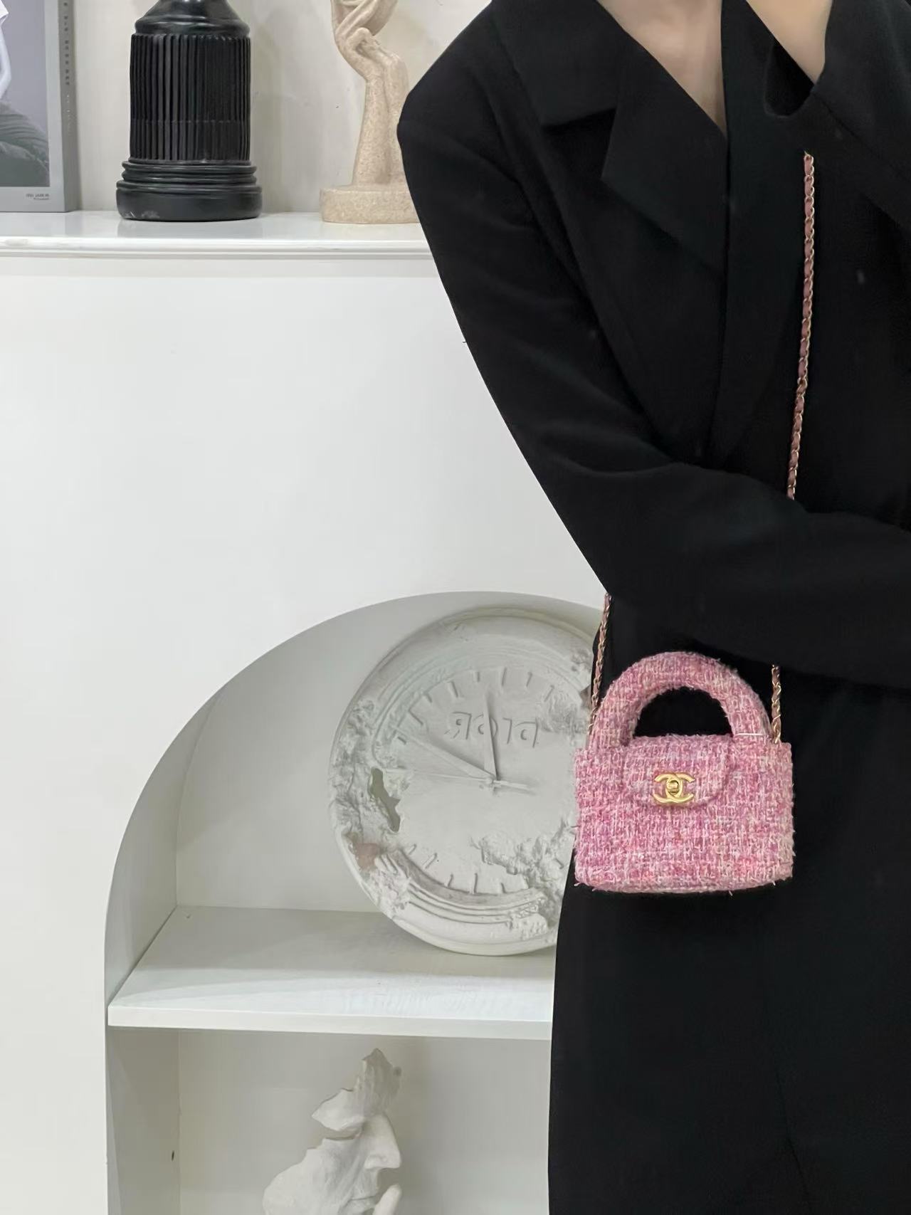99新 Chanel/香奈儿 24p kelly超mini粉白拼色毛呢单肩包/甄选