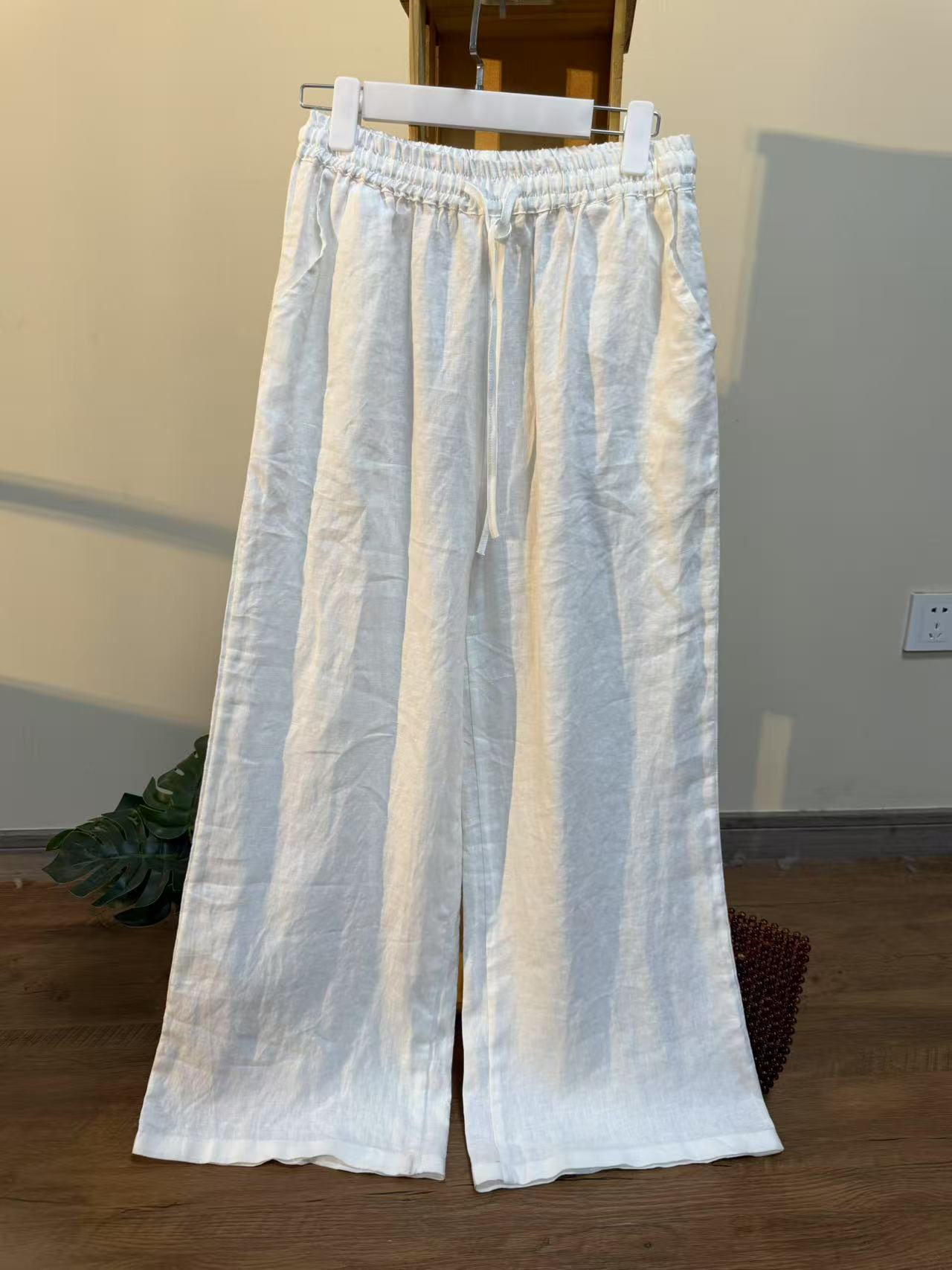 【云目悠悠】秋款亚麻松紧腰纯色女士裙裤阔腿裤-2025746