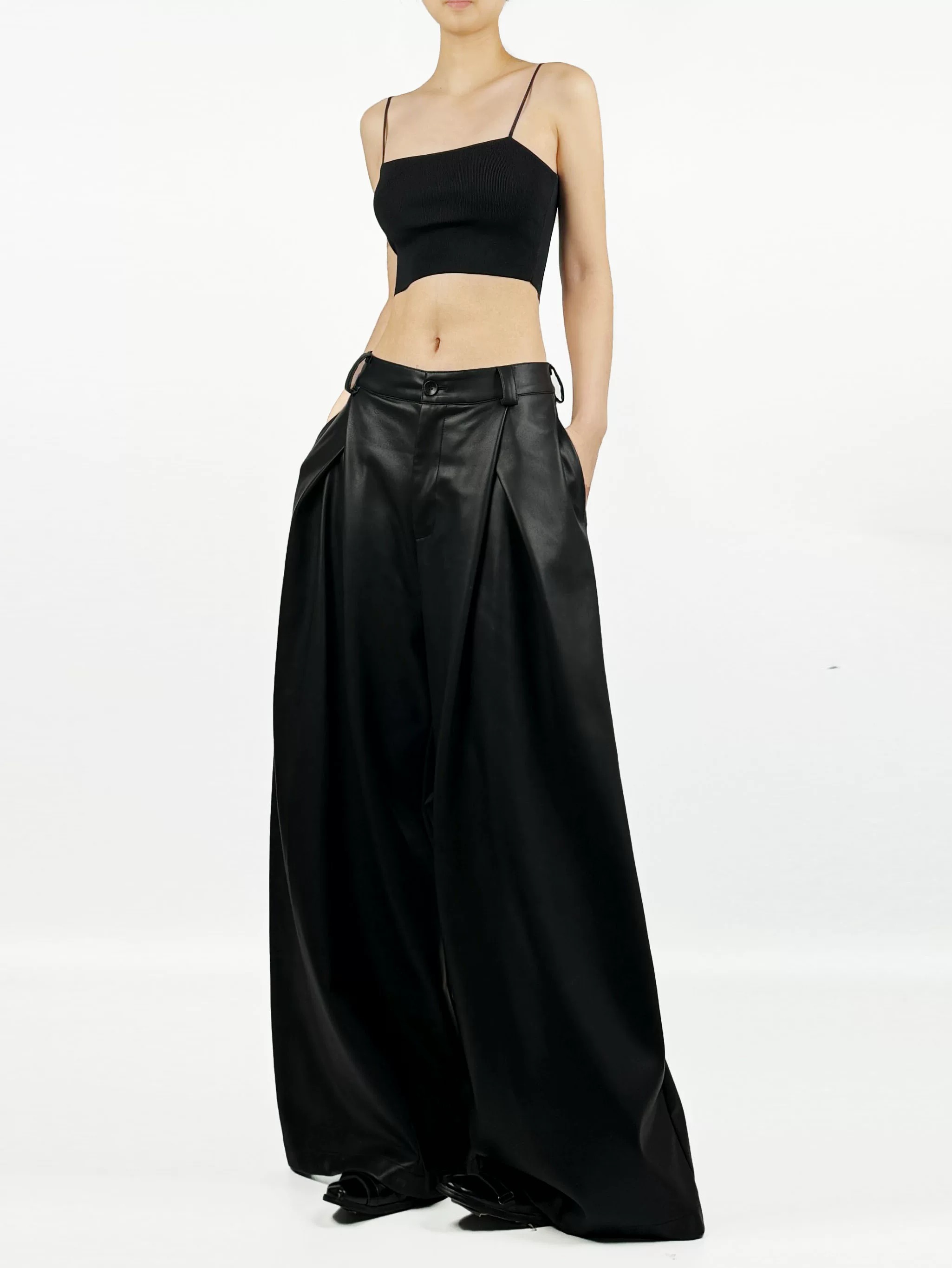 解余 JIEYU 秋冬新款黑色PU皮裤女高腰显瘦小众阔腿拖地长裤子