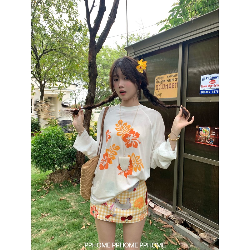 PPHOME自制~热带花朵 印花柔软防晒长袖T恤薄款罩衫+水果短裙套装