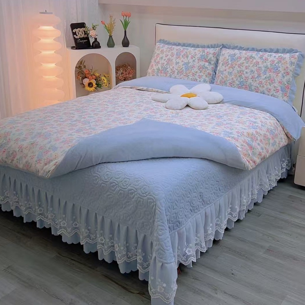 新款牛奶绒四件套床盖加厚保暖蕾丝花边床盖三件套冬季不掉毛被套