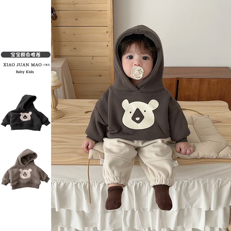 T22D12韩版婴幼儿尖嘴熊卫衣加绒连帽卫衣男女宝宝外出服印花保暖