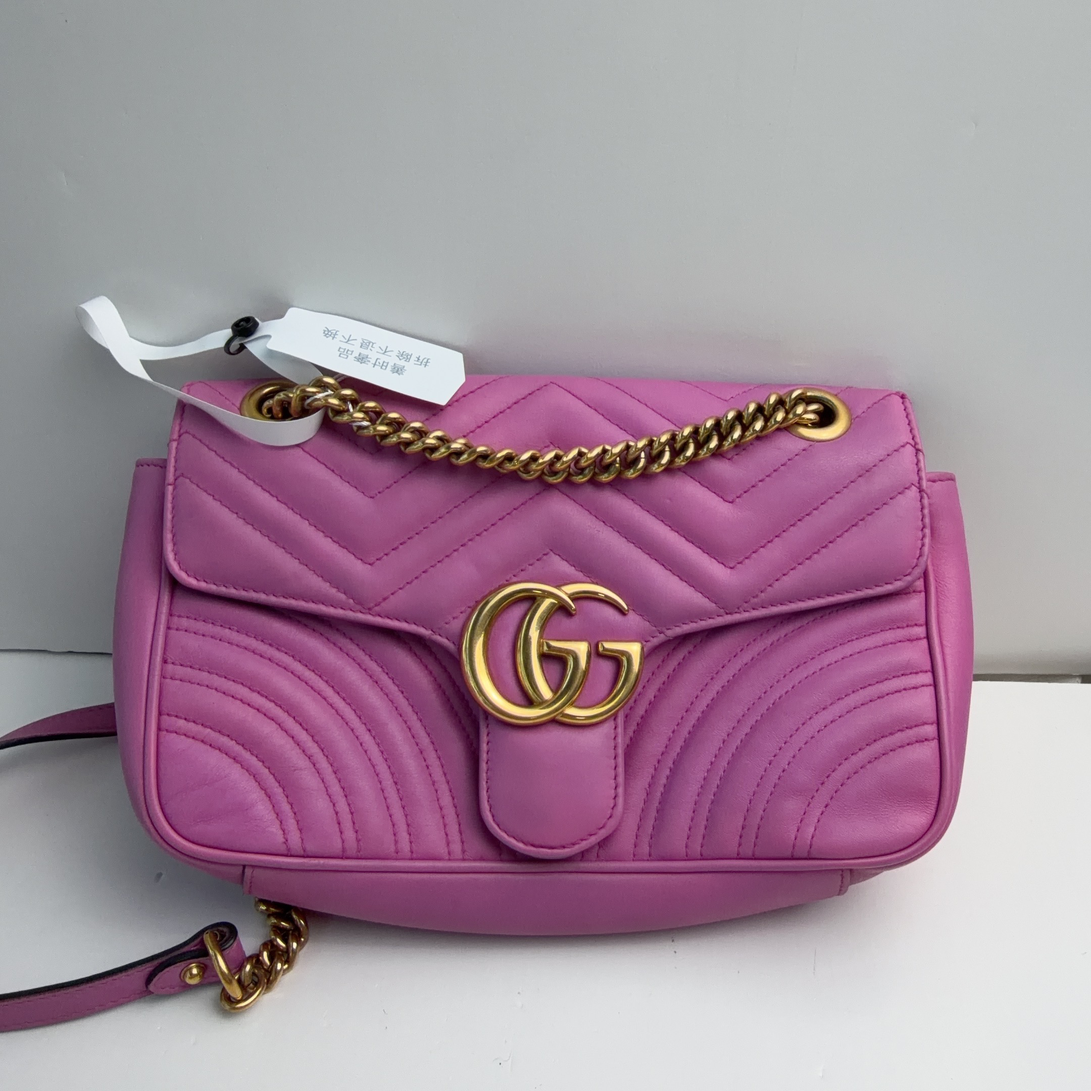 95新 GUCCI/古驰 古驰粉色马蒙26链条单肩包