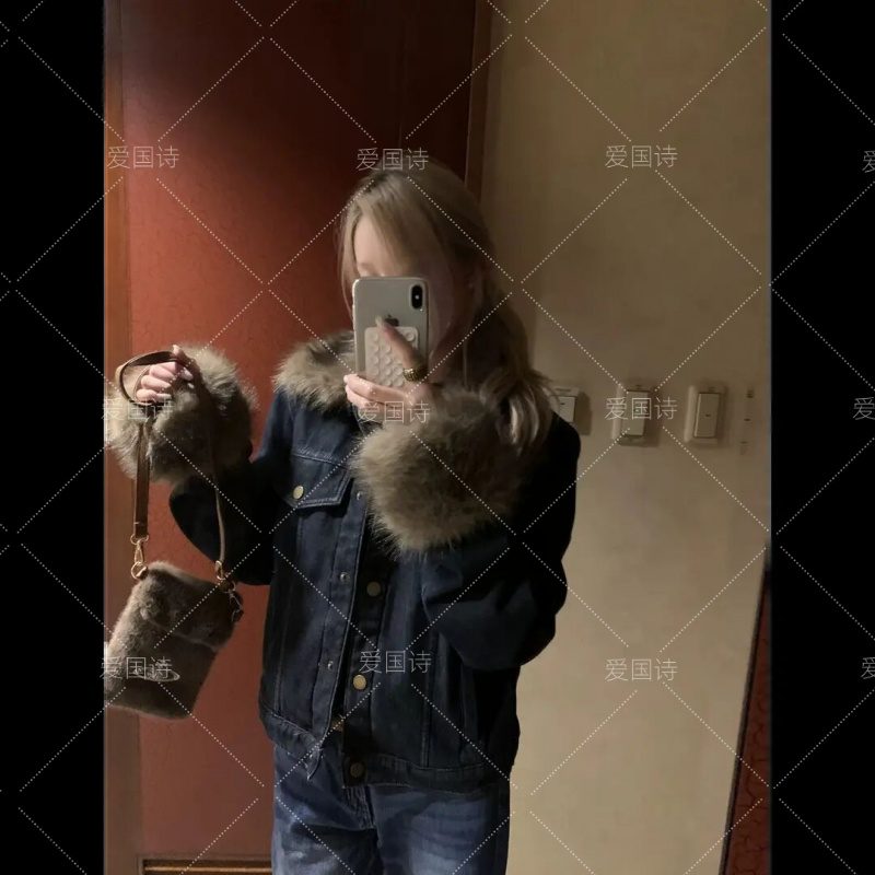 《巴恩冬令》毛毛领牛仔外套女秋冬2025年新款加厚短款上衣女款998#