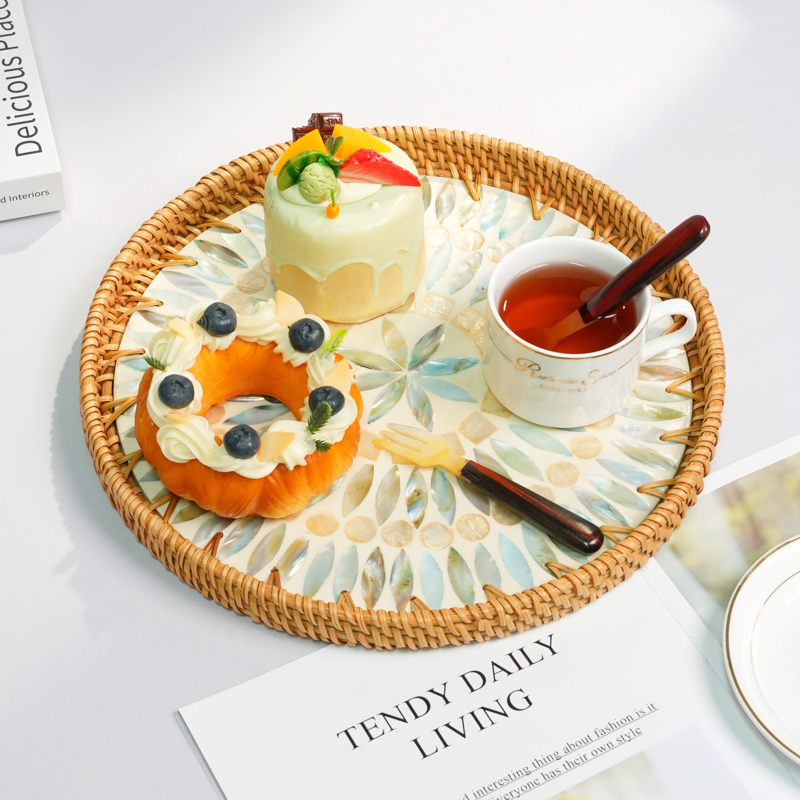 TB067-1冰蓝花轮家用客厅贝壳镶嵌收纳篮果盘茶盘单个尺寸：30CM