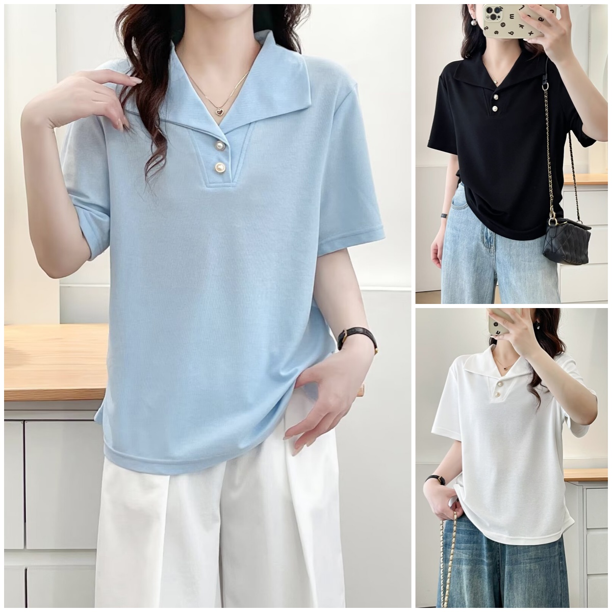 YANUJIAO/雅奴嬌大码短袖透气胖mm夏季简约T恤女士翻领时尚半袖