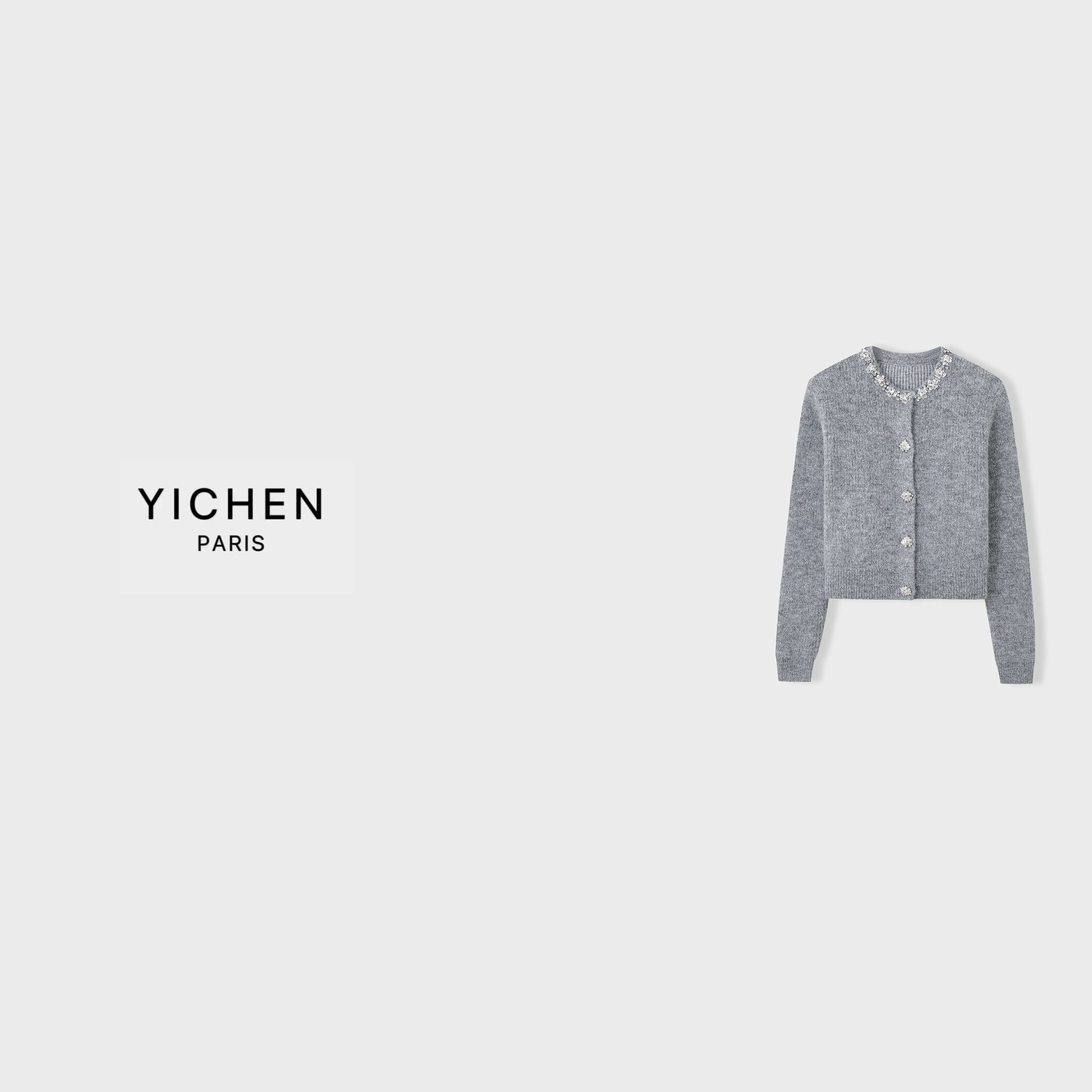 YC 麻灰色重手工钉钻软糯羊毛针织外套-6574