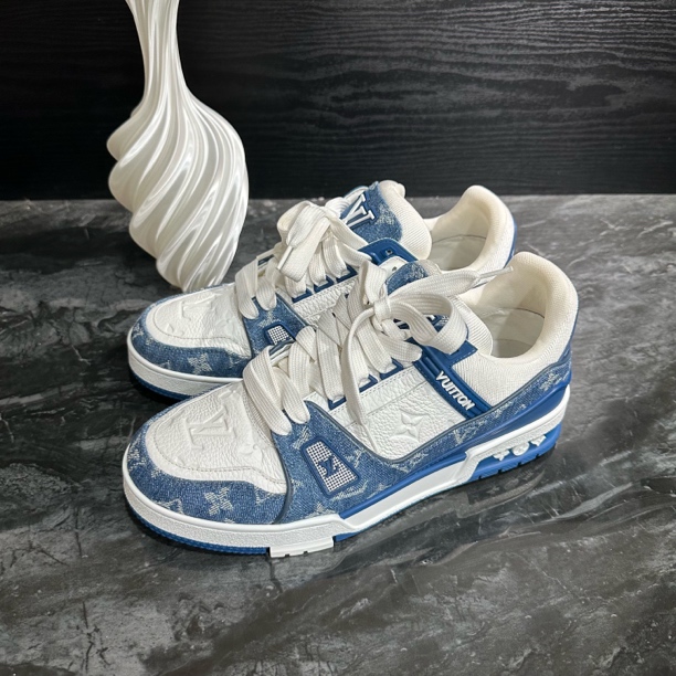 99新 LouisVuitton/路易威登 39码/蓝白牛仔拼接Trainer板鞋