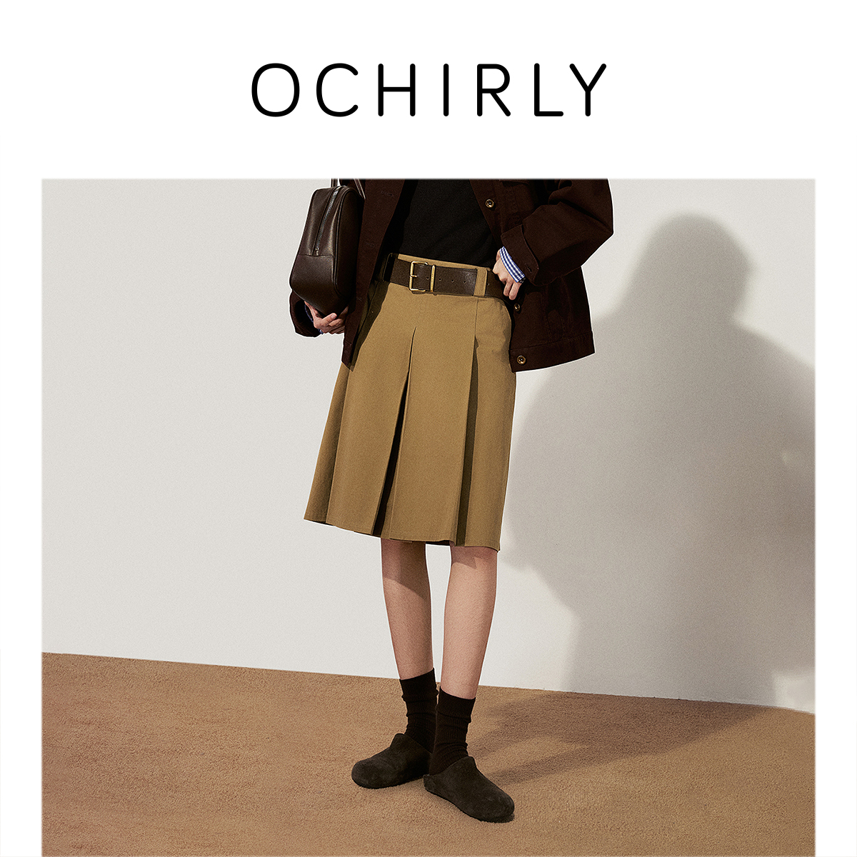 OCHIRLY欧时力 中长款A字半身裙压褶伞裙通勤美拉德2025春季新品