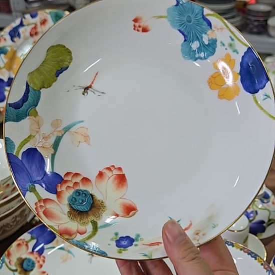 瓷片珐琅彩荷塘8寸4个深盘666666