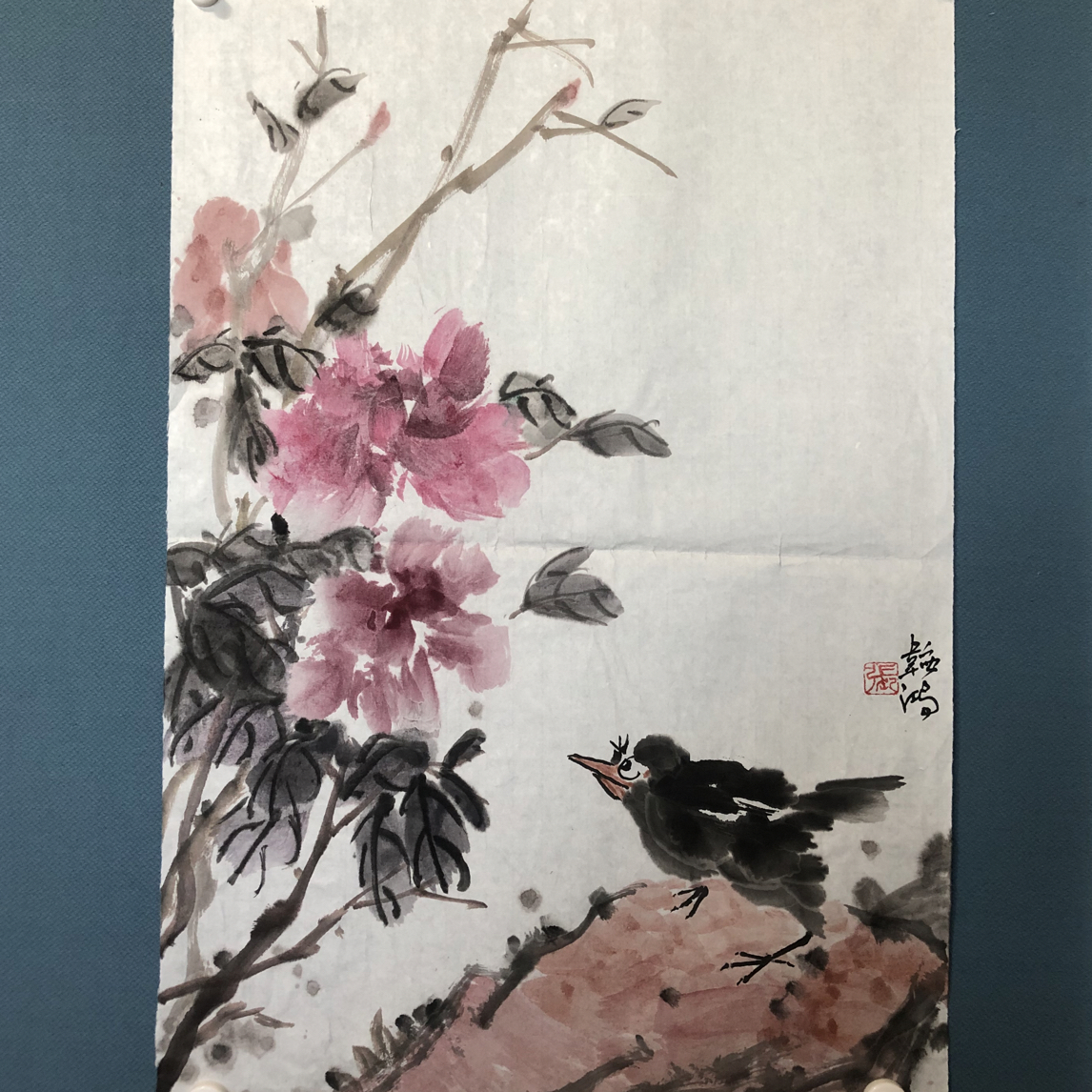 牡丹小鸟水墨写意作品