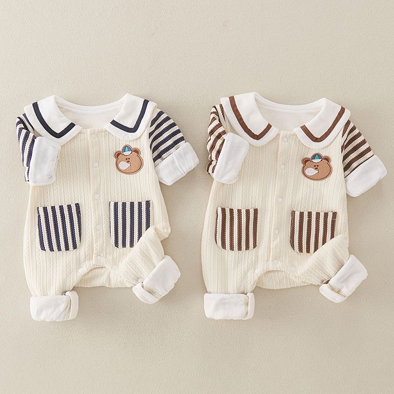 新生婴儿衣服秋季条纹卡通小熊爬服满月宝宝外出哈衣周岁连体衣服