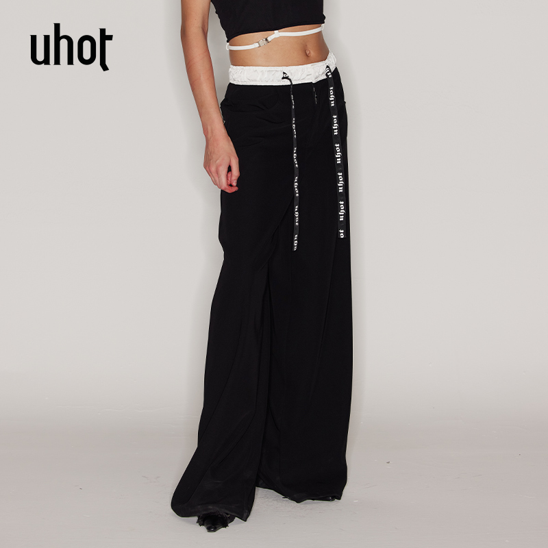 UHOT 黑白撞色拼接腰头休闲运动风经典简约宽松阔腿长裤UWFS3K021