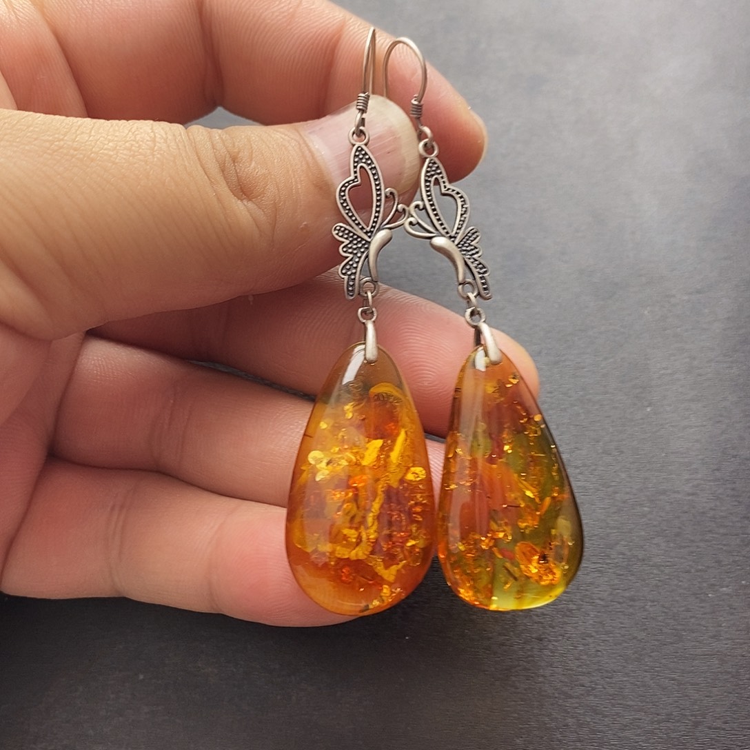 琥珀未镶嵌裸石耳坠