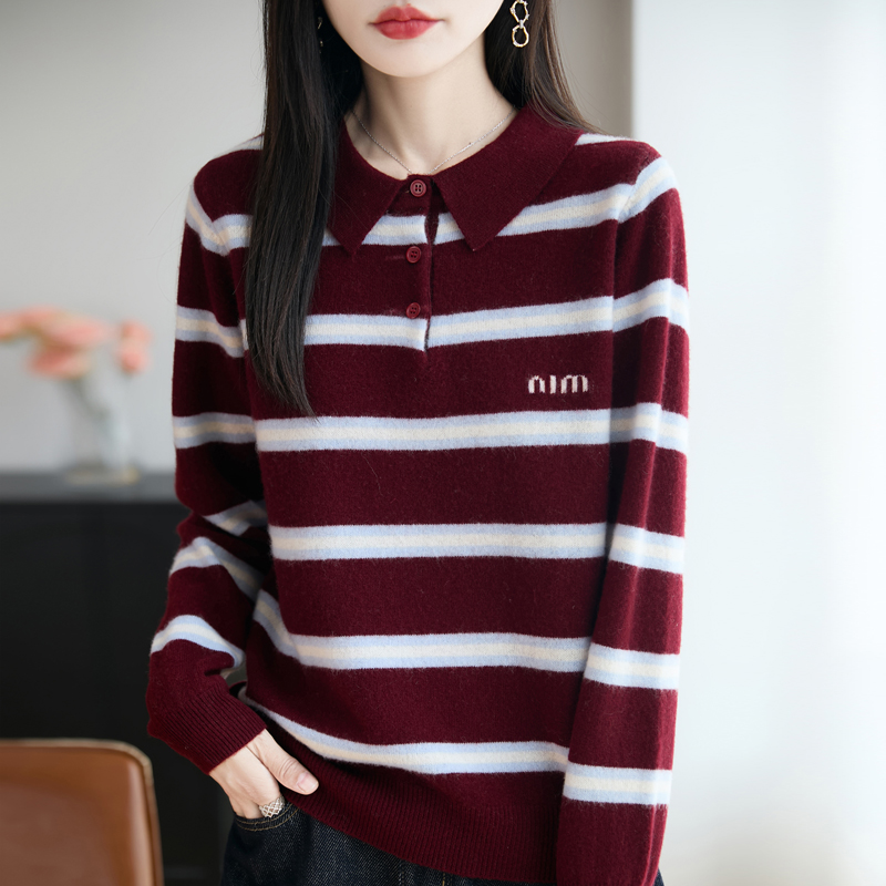 2025秋冬新款POLO领条纹纯羊毛衫女宽松慵懒风外穿毛衣针织打底衫