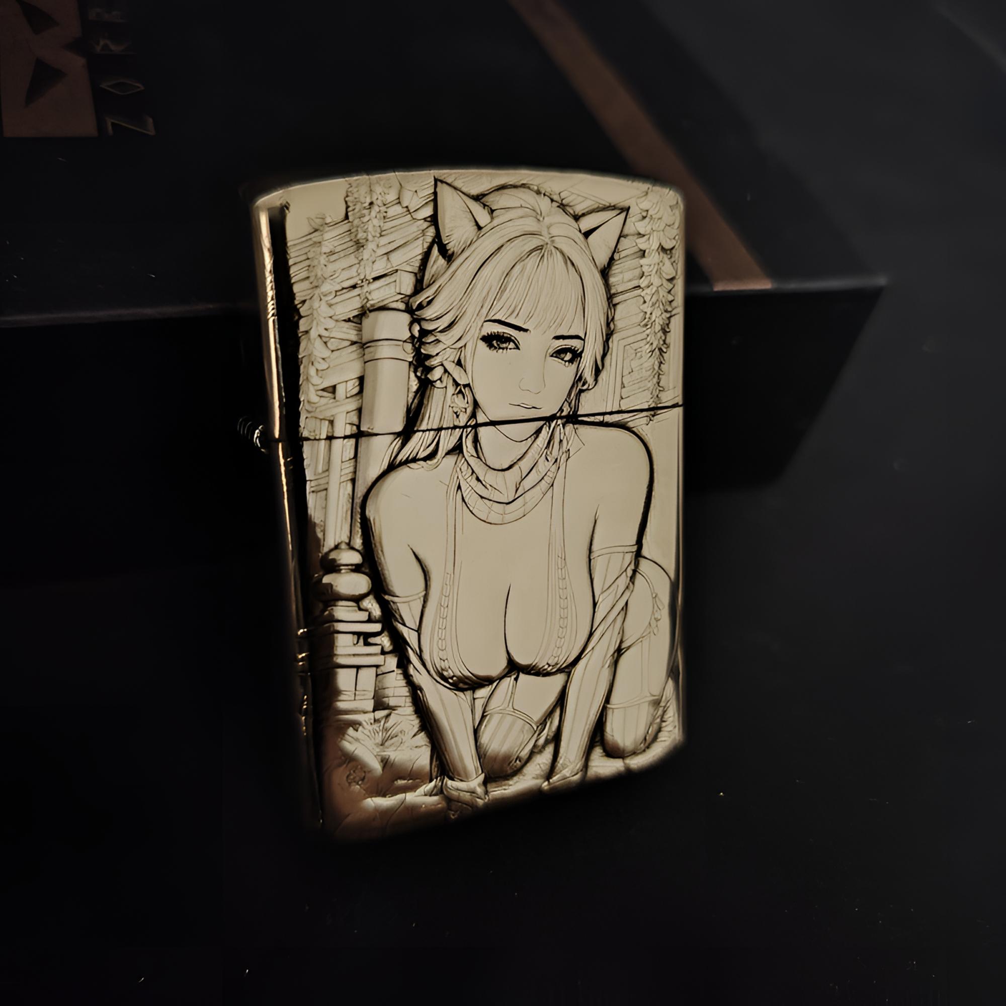 ZORRO二代眼睛标黄铜盔甲浮雕古风美女猫女郎防风创意打火机送友