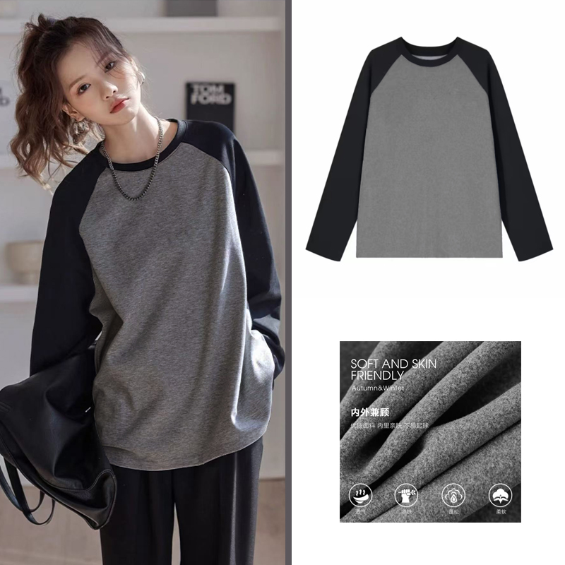现货秋冬情侣款宽松保暖长袖磨绒拼袖打底衫女装上衣
