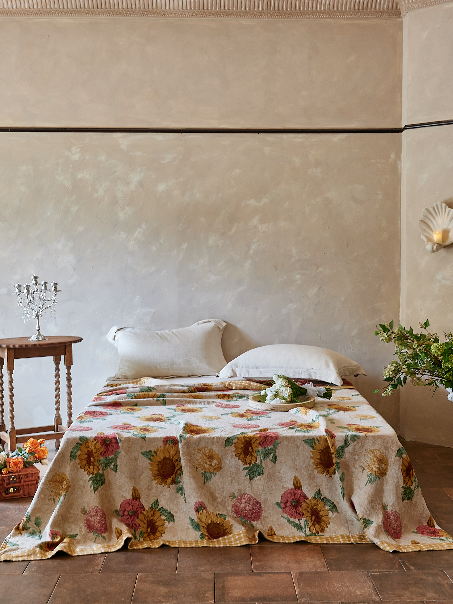 大外贸订单油画230*250斜纹编织床盖印花床单加厚加大向日葵