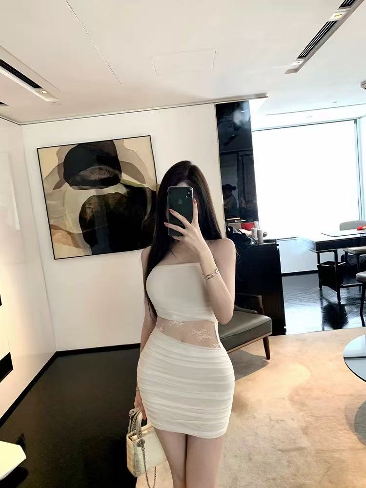 梦梦 MENGMENG｛初恋白月光 新款修身显瘦褶皱镂空蕾丝包臀连衣裙}