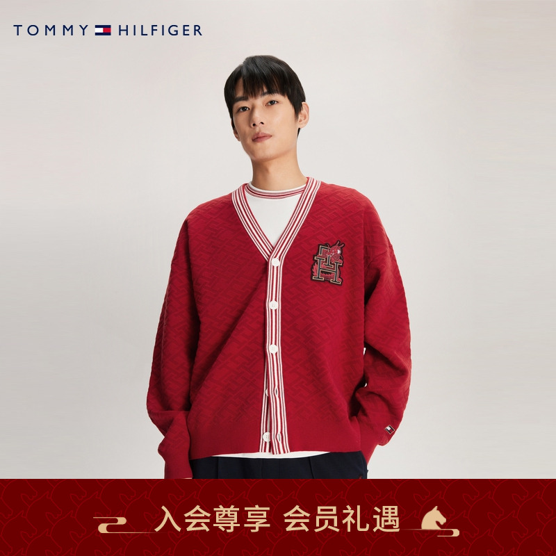 Tommy秋冬男女含羊毛混纺刺绣宽松镶边V领红色开衫外套毛衣34196
